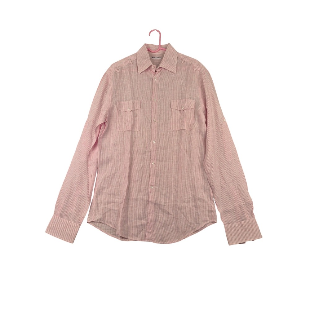 Michael Bastian Mens Pink White Striped Button Down Shirt Linen Epaulettes XL